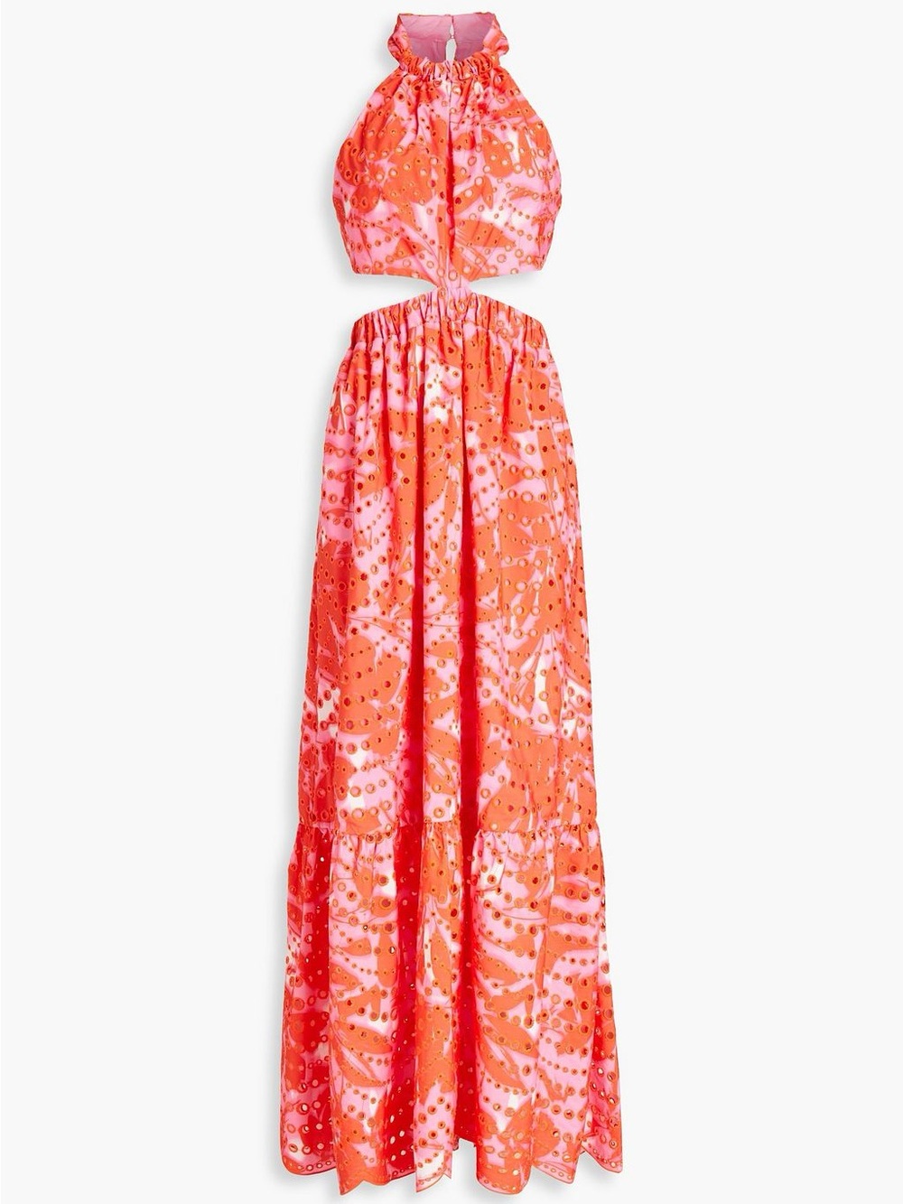 Monique Lhuillier Cutout Floral Print Broderie Anglaise Halterneck Maxi Dress